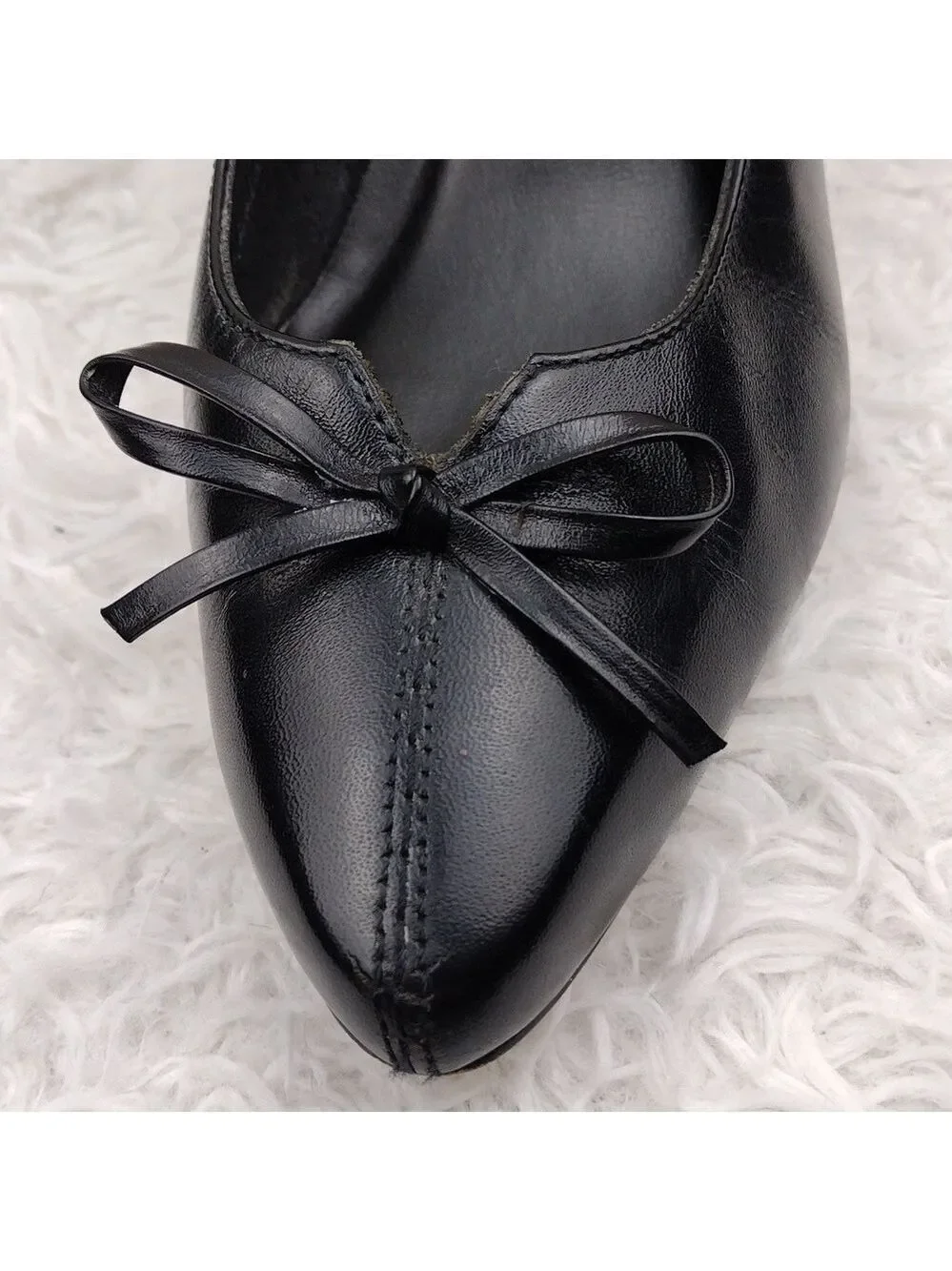 Connie Celia Black Leather Faux Bow Upper Pointed-Toe Kitten Heel Slip On Shoe